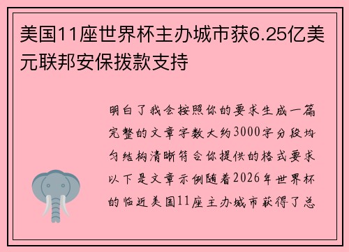 美国11座世界杯主办城市获6.25亿美元联邦安保拨款支持