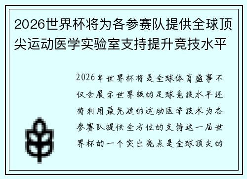 2026世界杯将为各参赛队提供全球顶尖运动医学实验室支持提升竞技水平
